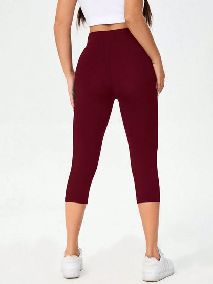Essnce Burgundy High Waist Tight Casual Sports Capri Leggings For Women, Spring/Summer