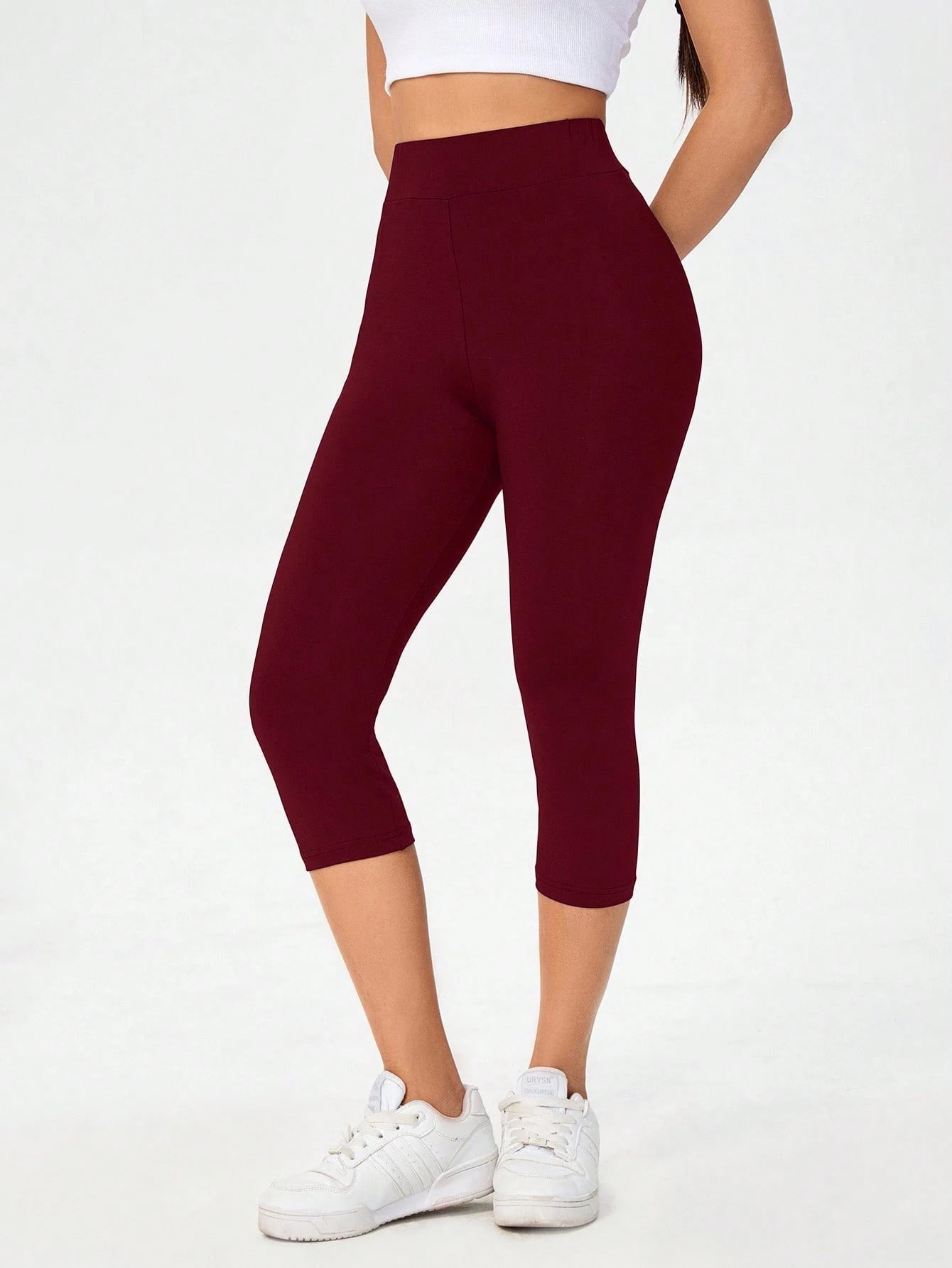 Essnce Burgundy High Waist Tight Casual Sports Capri Leggings For Women, Spring/Summer