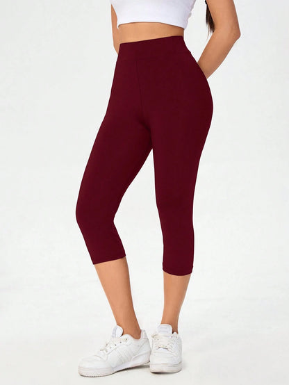 Essnce Burgundy High Waist Tight Casual Sports Capri Leggings For Women, Spring/Summer