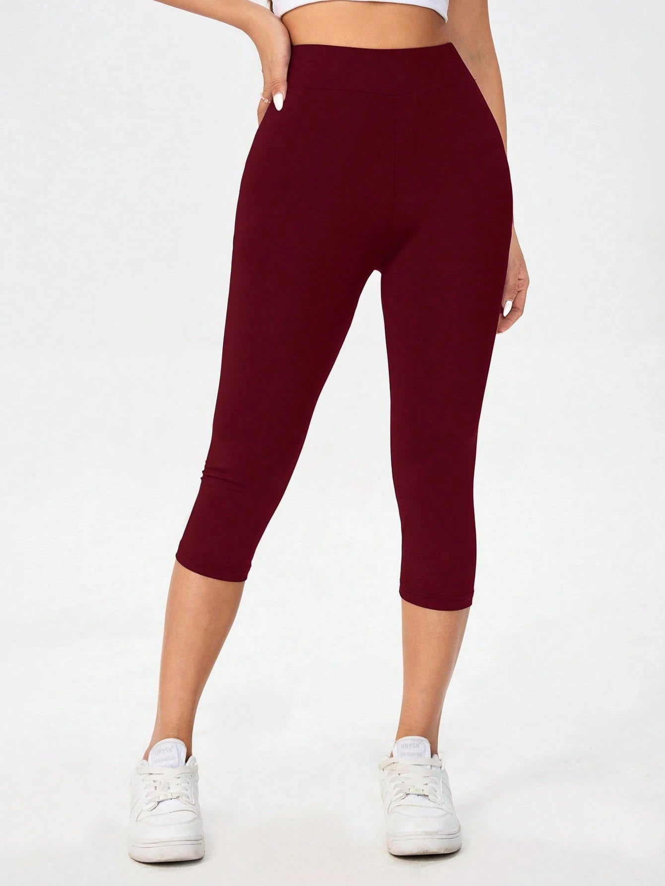 Essnce Burgundy High Waist Tight Casual Sports Capri Leggings For Women, Spring/Summer