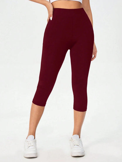 Essnce Burgundy High Waist Tight Casual Sports Capri Leggings For Women, Spring/Summer