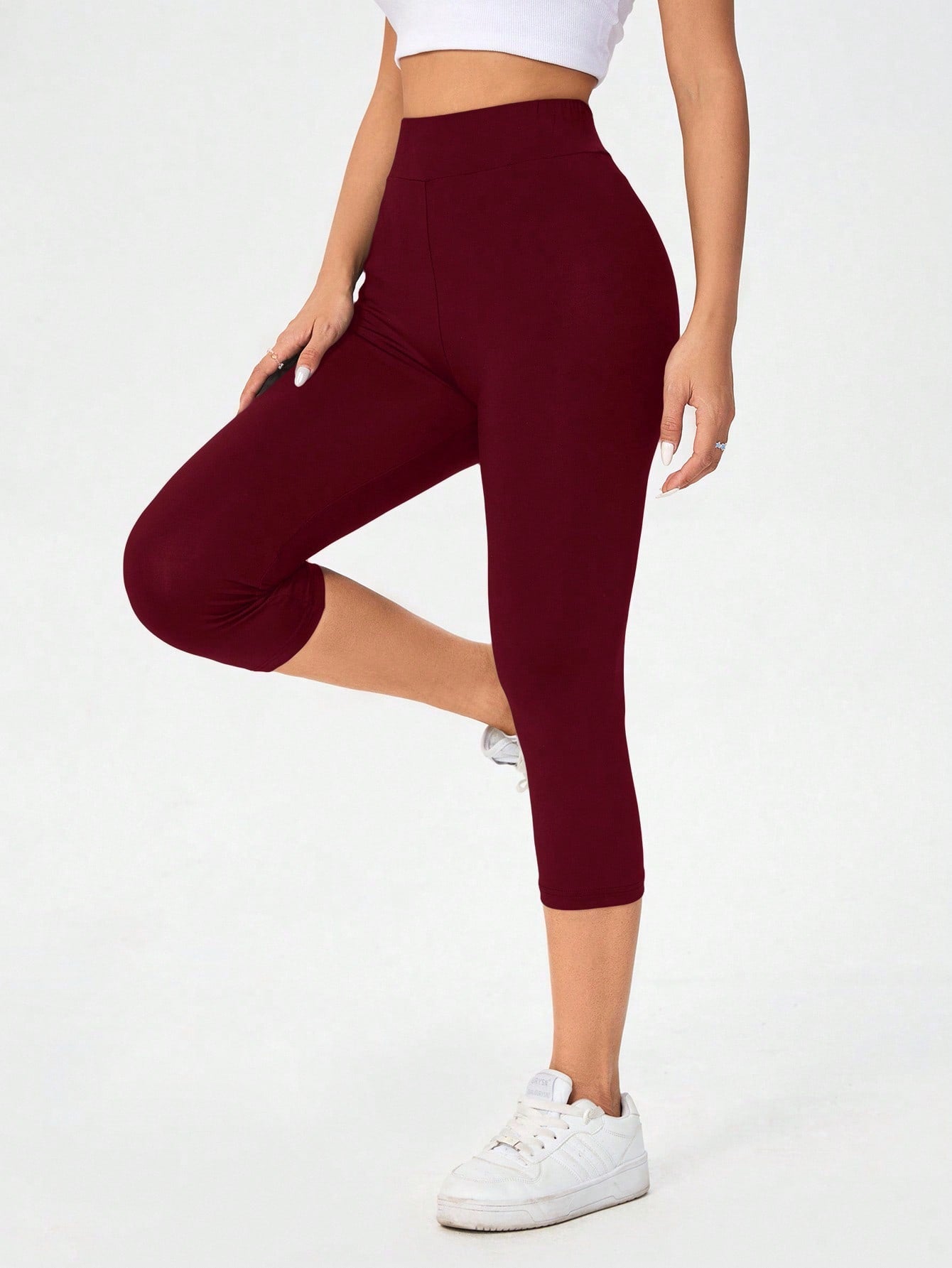 Essnce Burgundy High Waist Tight Casual Sports Capri Leggings For Women, Spring/Summer