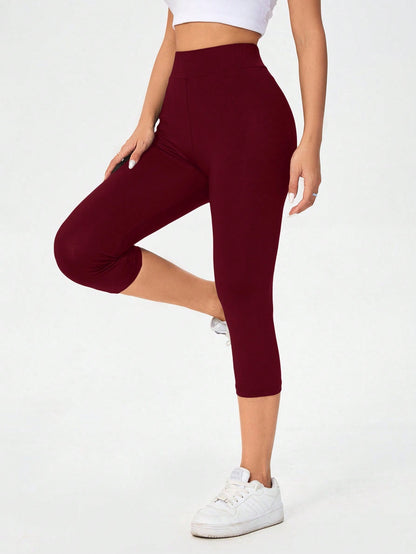 Essnce Burgundy High Waist Tight Casual Sports Capri Leggings For Women, Spring/Summer
