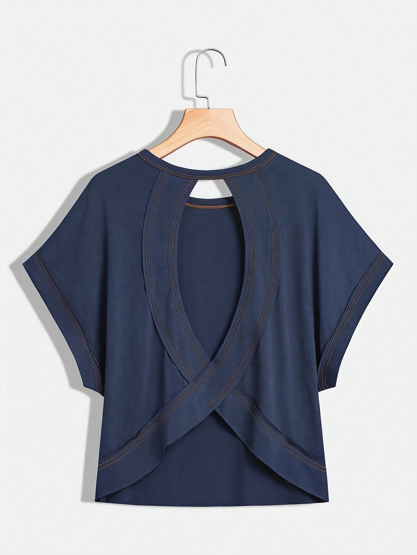 Essnce Plus Size Women's Navy Blue Sommar Casual Gym Backless Short-Sleeved T-Shirt,Loose Open Back Top, Concert Streetwear Y2k Fashion Summer Tops
