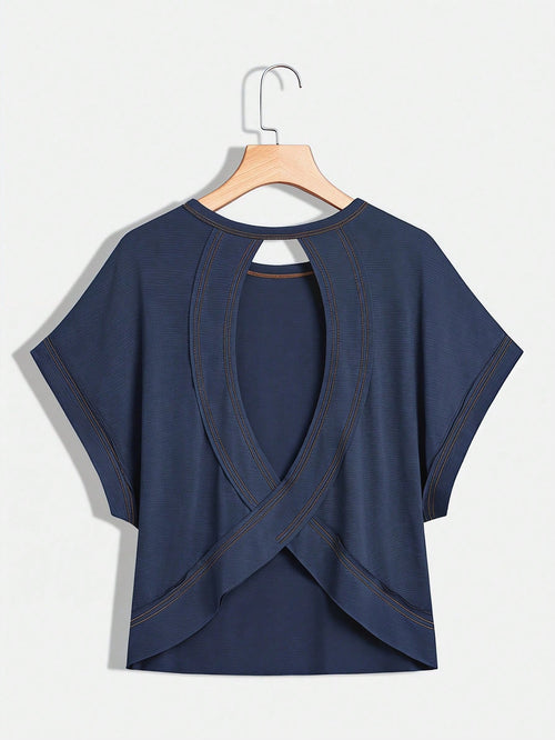 Essnce Plus Size Women's Navy Blue Sommar Casual Gym Backless Short-Sleeved T-Shirt,Loose Open Back Top, Concert Streetwear Y2k Fashion Summer Tops