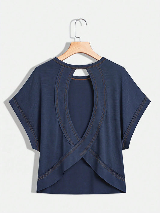 Essnce Plus Size Women's Navy Blue Sommar Casual Gym Backless Short-Sleeved T-Shirt,Loose Open Back Top, Concert Streetwear Y2k Fashion Summer Tops