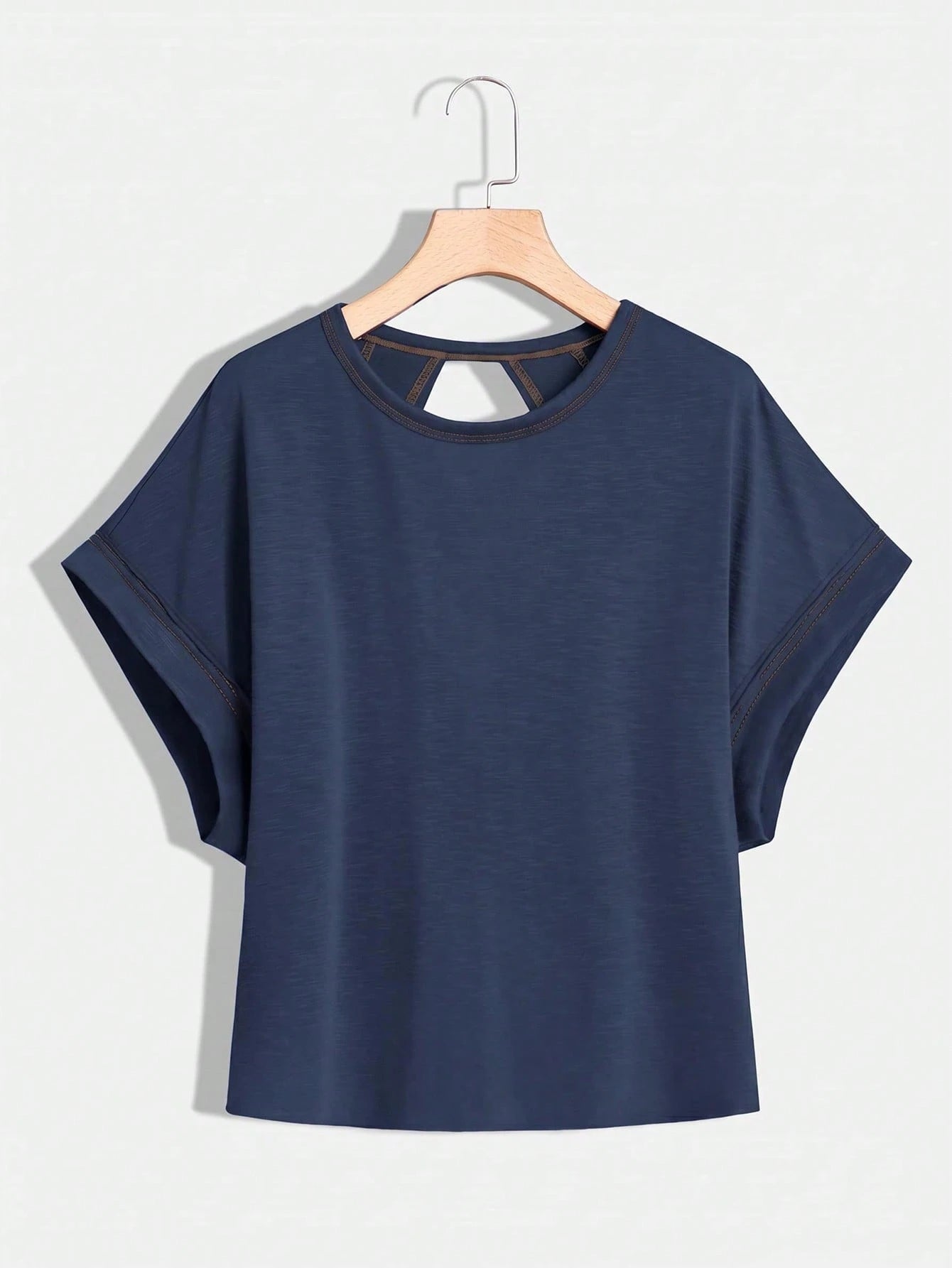 Essnce Plus Size Women's Navy Blue Sommar Casual Gym Backless Short-Sleeved T-Shirt,Loose Open Back Top, Concert Streetwear Y2k Fashion Summer Tops