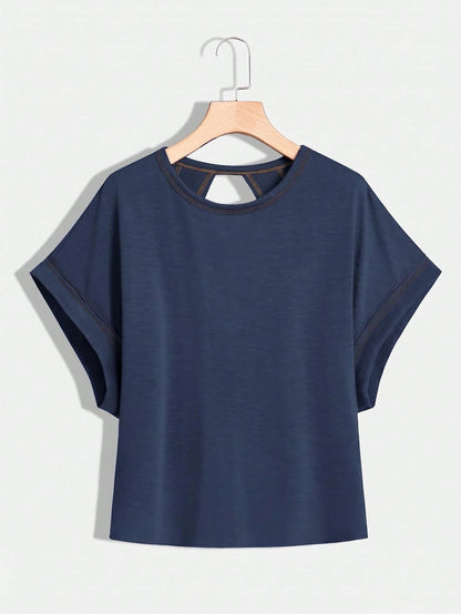 Essnce Plus Size Women's Navy Blue Sommar Casual Gym Backless Short-Sleeved T-Shirt,Loose Open Back Top, Concert Streetwear Y2k Fashion Summer Tops
