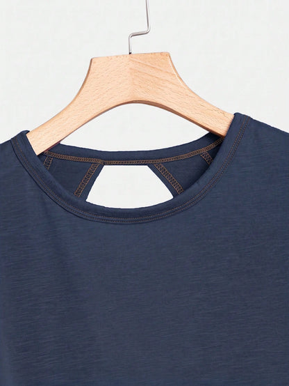 Essnce Plus Size Women's Navy Blue Sommar Casual Gym Backless Short-Sleeved T-Shirt,Loose Open Back Top, Concert Streetwear Y2k Fashion Summer Tops