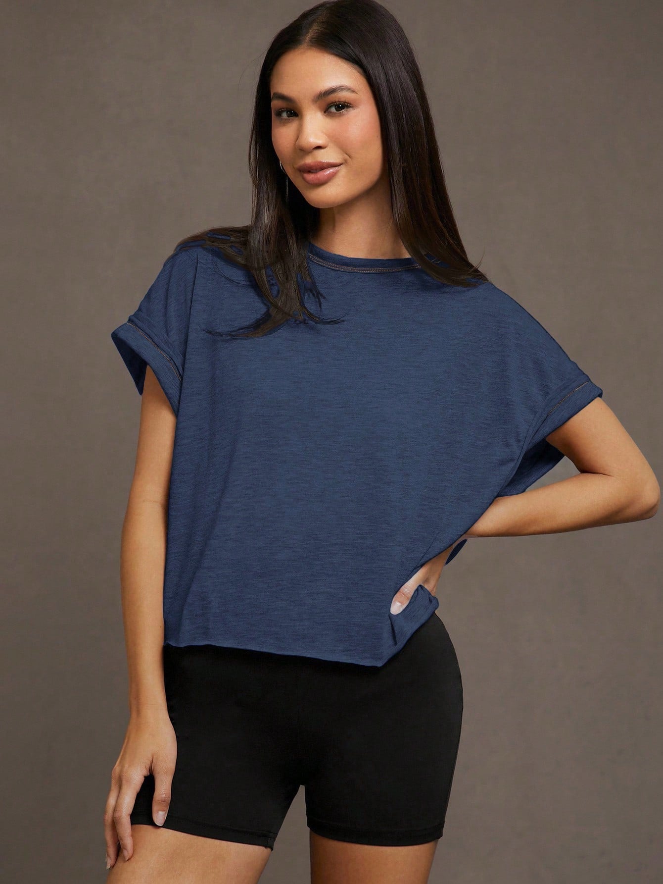 Essnce Plus Size Women's Navy Blue Sommar Casual Gym Backless Short-Sleeved T-Shirt,Loose Open Back Top, Concert Streetwear Y2k Fashion Summer Tops