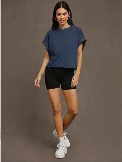 Essnce Plus Size Women's Navy Blue Sommar Casual Gym Backless Short-Sleeved T-Shirt,Loose Open Back Top, Concert Streetwear Y2k Fashion Summer Tops