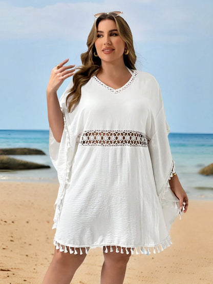 Essnce Plus-Size Women's Smock,White Boho Beach Swimsuit Cover Up,Summer Holiday Party Fringe Dress,Festival Outfits,Vacation Cute Tops,Swim Suits Smock