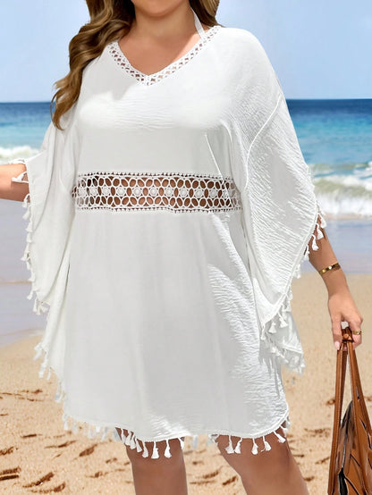Essnce Plus-Size Women's Smock,White Boho Beach Swimsuit Cover Up,Summer Holiday Party Fringe Dress,Festival Outfits,Vacation Cute Tops,Swim Suits Smock
