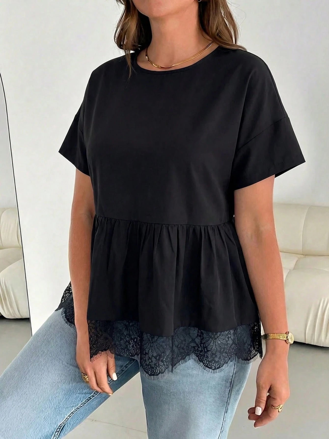 Essnce Plus Size Women's Spring/Summer Fashion Casual Elegant Loose Comfortable Daily Basic Slimming Black Lace Trim Hem Short Sleeve Babydoll Top Outing Top