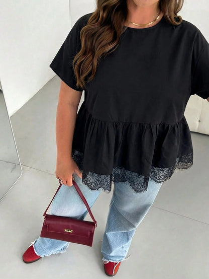Essnce Plus Size Women's Spring/Summer Fashion Casual Elegant Loose Comfortable Daily Basic Slimming Black Lace Trim Hem Short Sleeve Babydoll Top Outing Top
