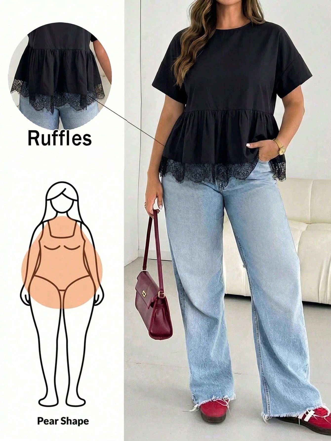 Essnce Plus Size Women's Spring/Summer Fashion Casual Elegant Loose Comfortable Daily Basic Slimming Black Lace Trim Hem Short Sleeve Babydoll Top Outing Top