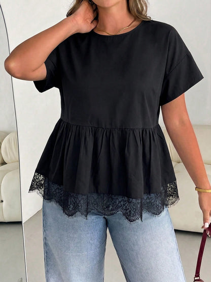 Essnce Plus Size Women's Spring/Summer Fashion Casual Elegant Loose Comfortable Daily Basic Slimming Black Lace Trim Hem Short Sleeve Babydoll Top Outing Top