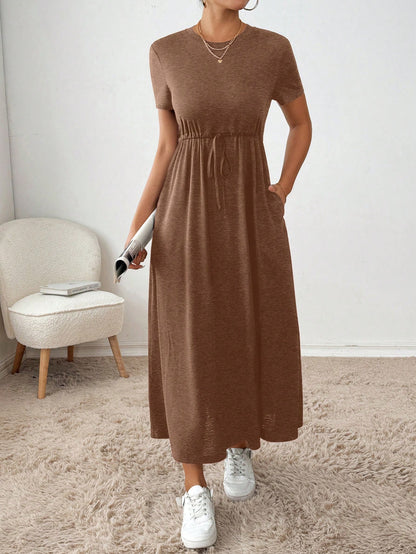 Essnce Women's Summer Casual Solid Color Drawstring Waist Short Sleeve Dress