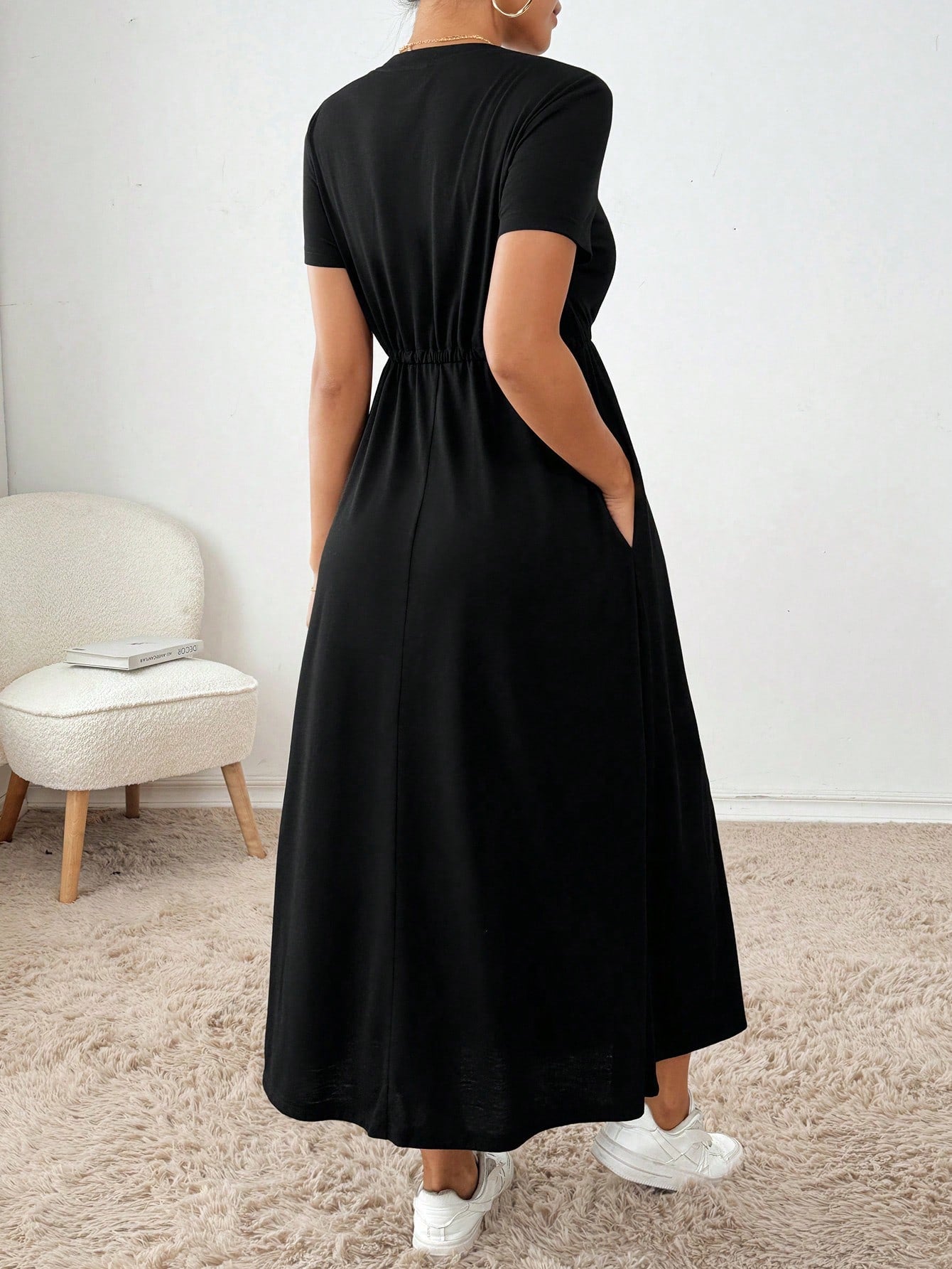Essnce Women's Summer Casual Solid Color Drawstring Waist Short Sleeve Dress