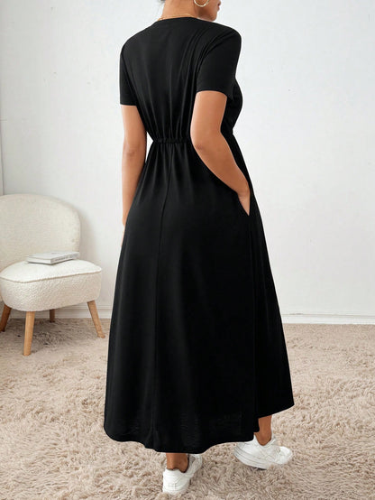 Essnce Women's Summer Casual Solid Color Drawstring Waist Short Sleeve Dress