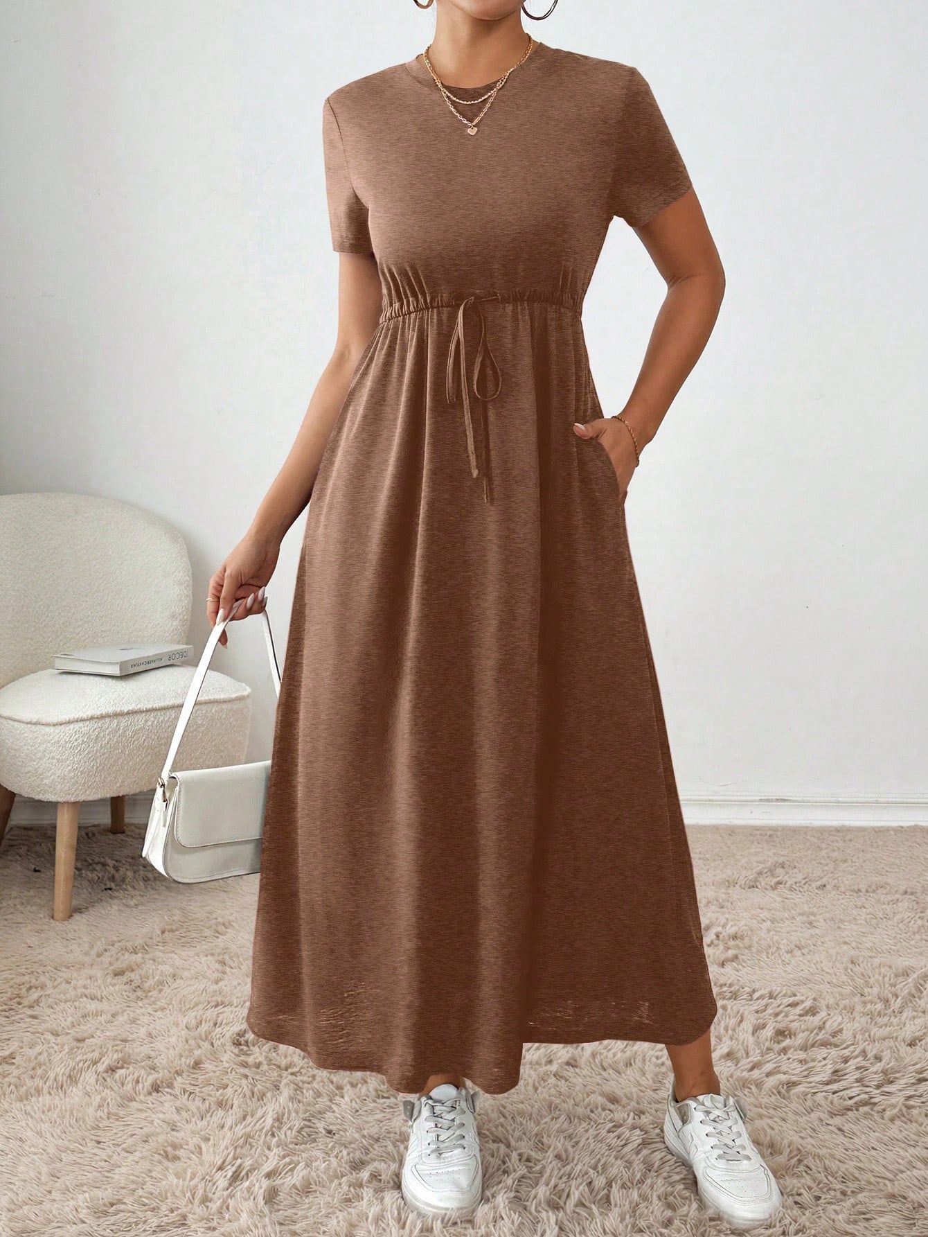 Essnce Women's Summer Casual Solid Color Drawstring Waist Short Sleeve Dress