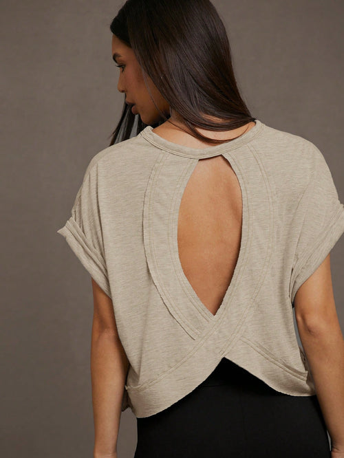 Essnce Women's Summer Hollow-Out Back Round Neck Batwing Short Sleeve Casual T-Shirt