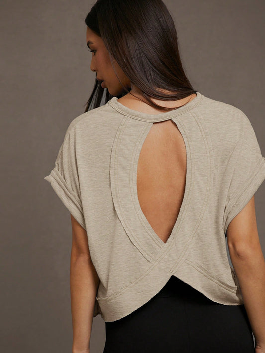 Essnce Women's Summer Hollow-Out Back Round Neck Batwing Short Sleeve Casual T-Shirt
