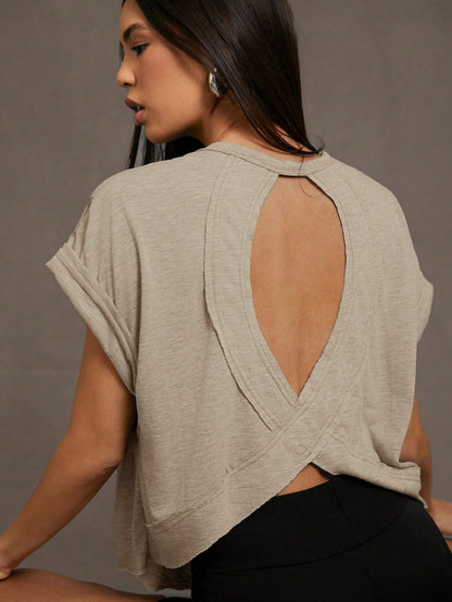 Essnce Women's Summer Hollow-Out Back Round Neck Batwing Short Sleeve Casual T-Shirt