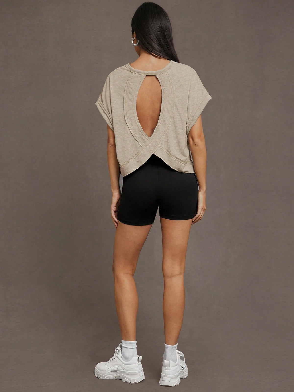 Essnce Women's Summer Hollow-Out Back Round Neck Batwing Short Sleeve Casual T-Shirt