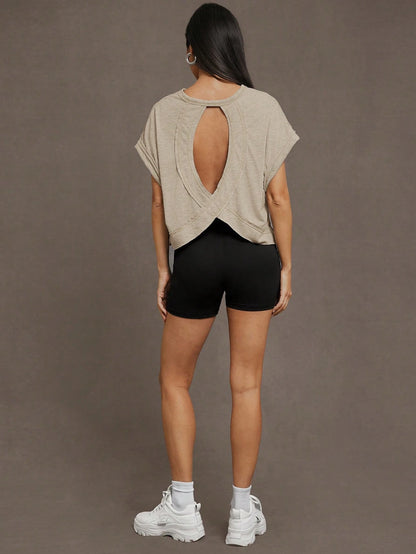 Essnce Women's Summer Hollow-Out Back Round Neck Batwing Short Sleeve Casual T-Shirt
