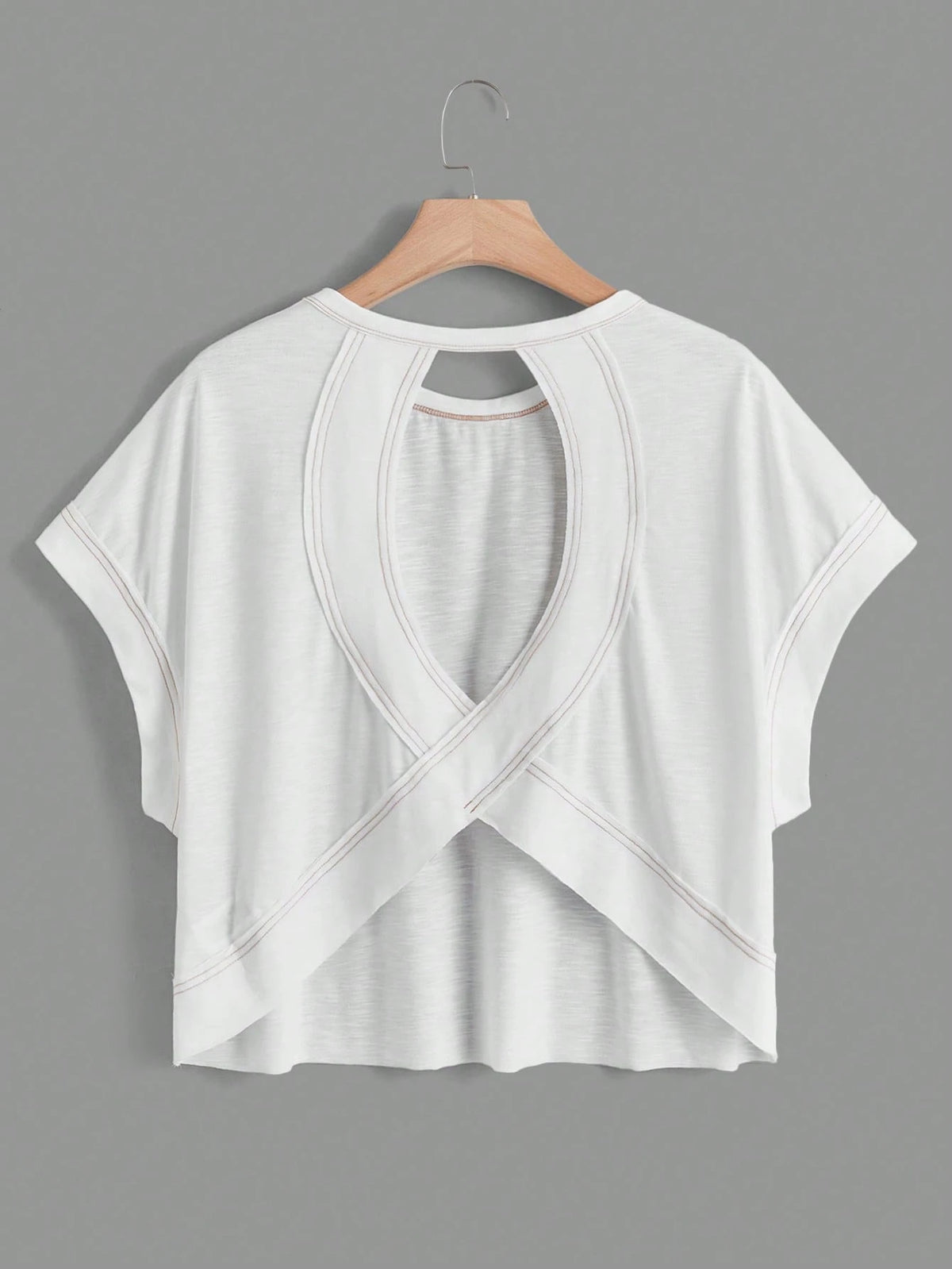 Essnce Women's Summer Hollow-Out Back Round Neck Batwing Short Sleeve Casual T-Shirt