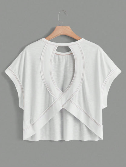 Essnce Women's Summer Hollow-Out Back Round Neck Batwing Short Sleeve Casual T-Shirt