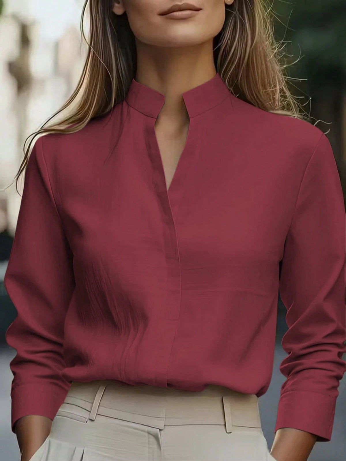 European And American Fashion Minimalist Solid Color Commuter Shirt, Satin Collar Design, Long Sleeve Slim Fit Elegant Blouse Spring
