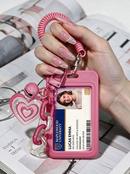 Exquisite Heart-Shaped ID Card Holder, Bell Heart-Shaped Hanging Card Sleeve, Card Holder, Retractable Plastic Spring Card Strap Keychain- Hard Card Sleeve, Work ID Protection Cover; No Induction Fun