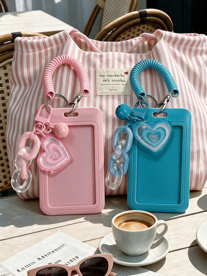 Exquisite Heart-Shaped ID Card Holder, Bell Heart-Shaped Hanging Card Sleeve, Card Holder, Retractable Plastic Spring Card Strap Keychain- Hard Card Sleeve, Work ID Protection Cover; No Induction Fun