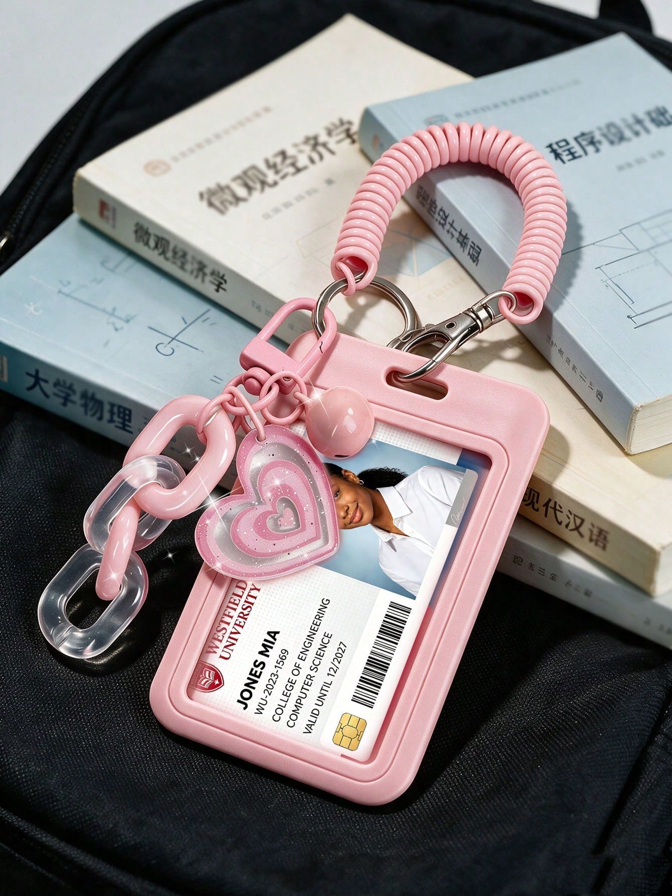 Exquisite Heart-Shaped ID Card Holder, Bell Heart-Shaped Hanging Card Sleeve, Card Holder, Retractable Plastic Spring Card Strap Keychain- Hard Card Sleeve, Work ID Protection Cover; No Induction Fun
