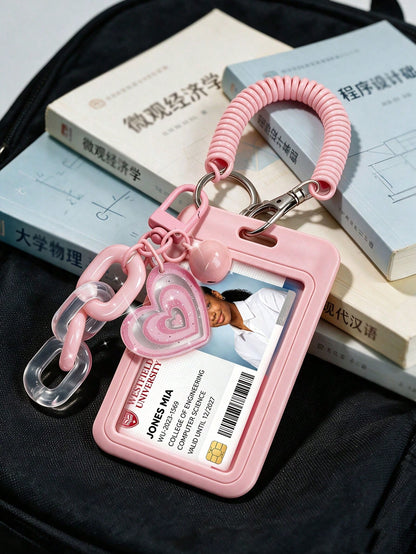 Exquisite Heart-Shaped ID Card Holder, Bell Heart-Shaped Hanging Card Sleeve, Card Holder, Retractable Plastic Spring Card Strap Keychain- Hard Card Sleeve, Work ID Protection Cover; No Induction Fun