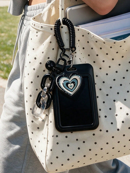 Exquisite Heart-Shaped ID Card Holder, Bell Heart-Shaped Hanging Card Sleeve, Card Holder, Retractable Plastic Spring Card Strap Keychain- Hard Card Sleeve, Work ID Protection Cover; No Induction Fun
