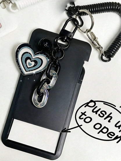 Exquisite Heart-Shaped ID Card Holder, Bell Heart-Shaped Hanging Card Sleeve, Card Holder, Retractable Plastic Spring Card Strap Keychain- Hard Card Sleeve, Work ID Protection Cover; No Induction Fun