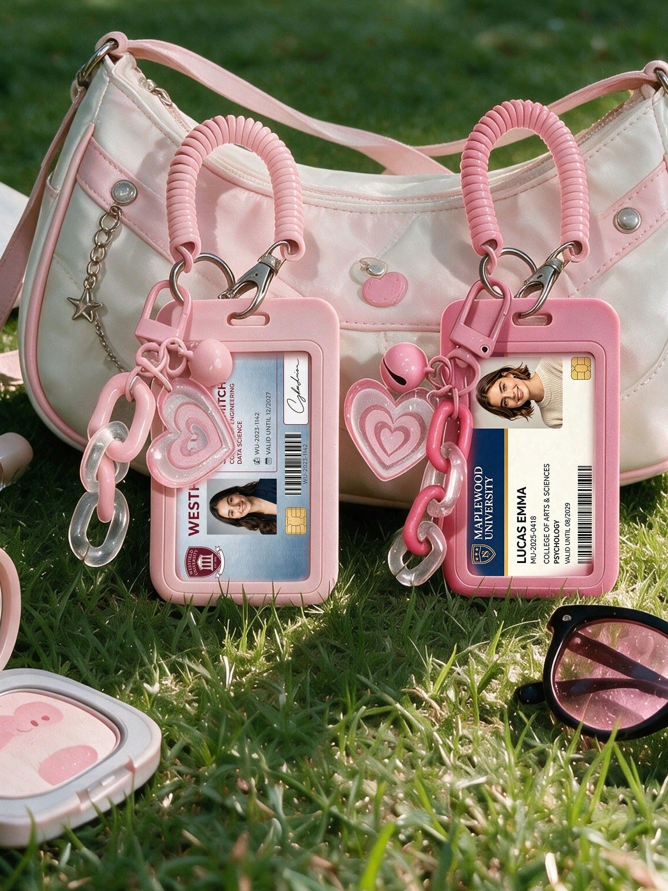 Exquisite Heart-Shaped ID Card Holder, Bell Heart-Shaped Hanging Card Sleeve, Card Holder, Retractable Plastic Spring Card Strap Keychain- Hard Card Sleeve, Work ID Protection Cover; No Induction Fun