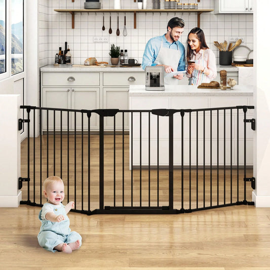 Extra Wide Black Baby Gate With Door, Metal Long Baby Fence, Tall Pet Dog Gates For House Stairs Doorways,Child Safety Fence Fireplace Tree,Indoor Outdoor