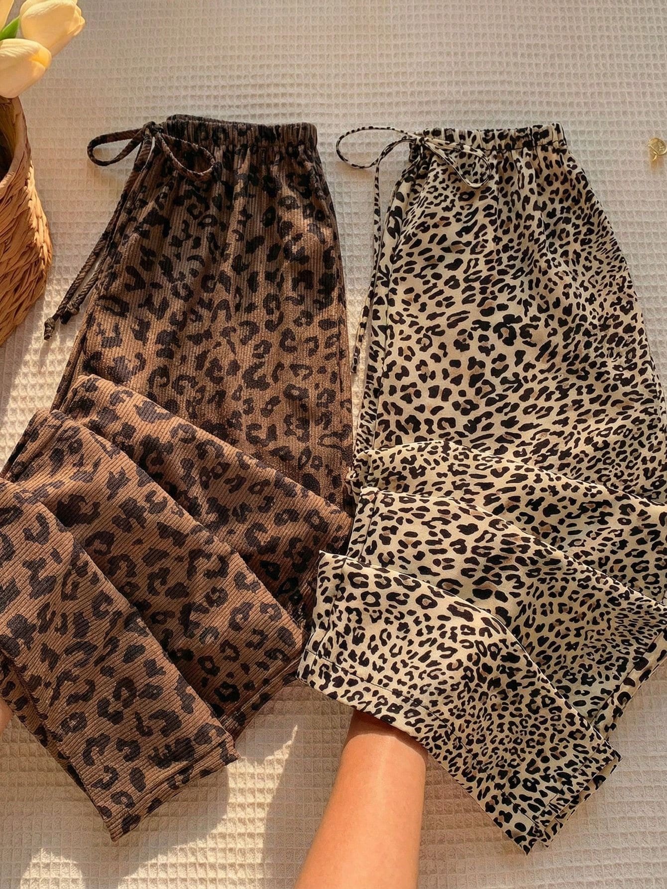 EZwear 2pcs Leopard Print Woven Wide Leg Pants With Drawstring, Women Spring/Summer