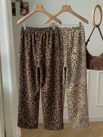 EZwear 2pcs Leopard Print Woven Wide Leg Pants With Drawstring, Women Spring/Summer