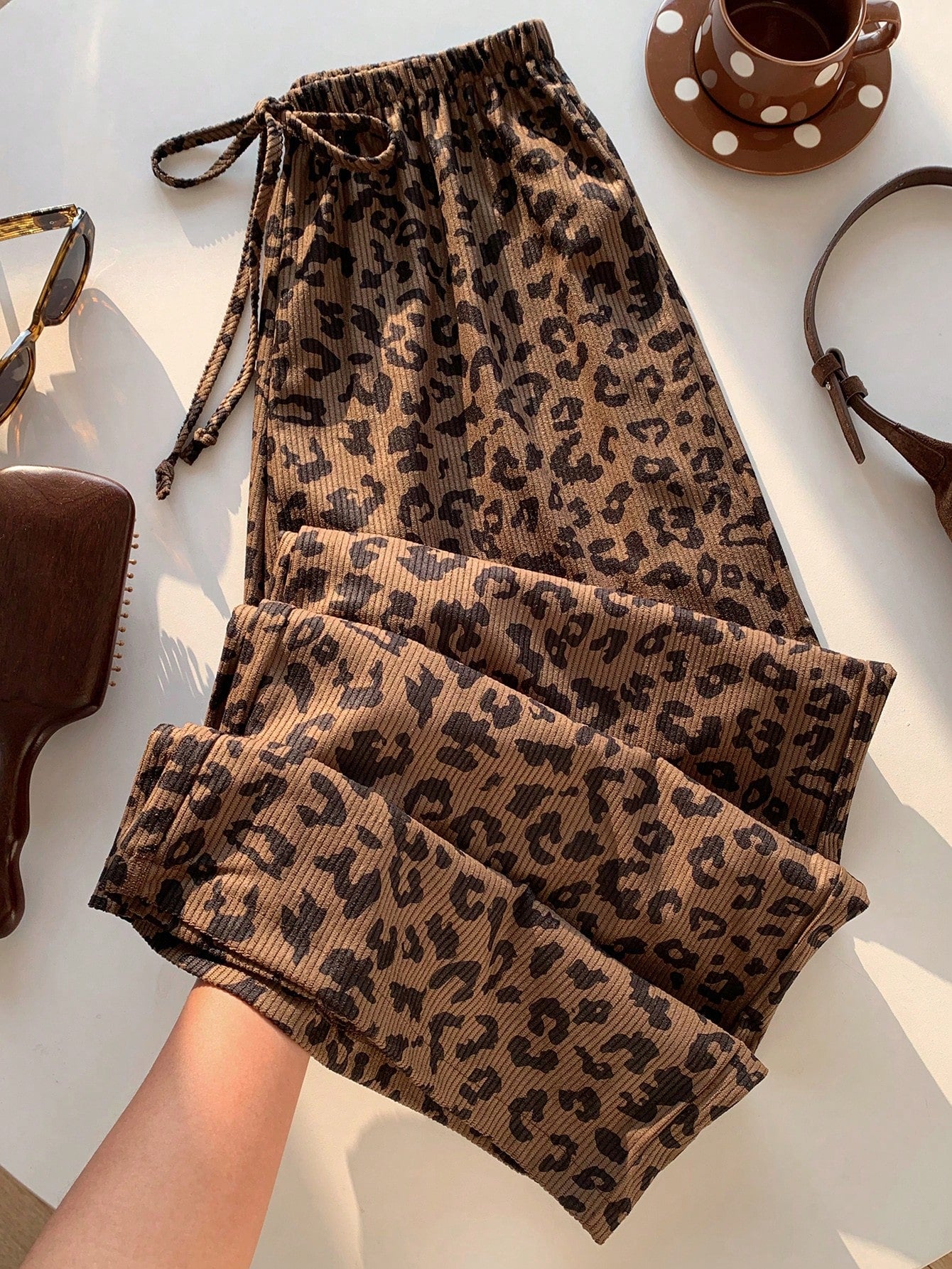 EZwear 2pcs Leopard Print Woven Wide Leg Pants With Drawstring, Women Spring/Summer