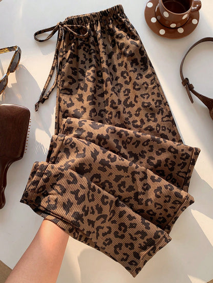 EZwear 2pcs Leopard Print Woven Wide Leg Pants With Drawstring, Women Spring/Summer