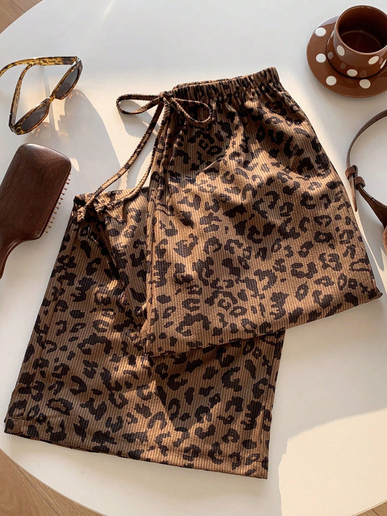 EZwear 2pcs Leopard Print Woven Wide Leg Pants With Drawstring, Women Spring/Summer