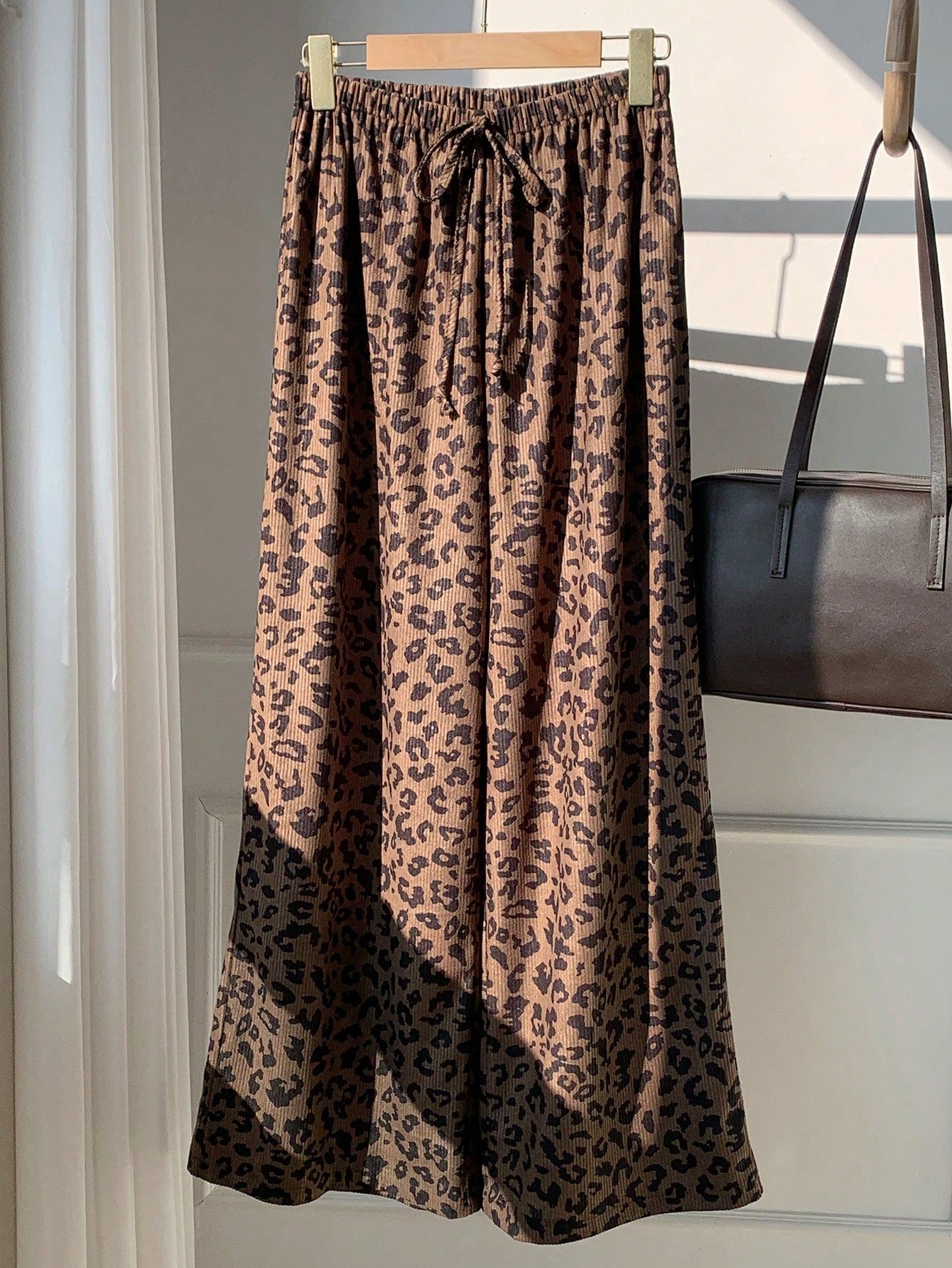 EZwear 2pcs Leopard Print Woven Wide Leg Pants With Drawstring, Women Spring/Summer