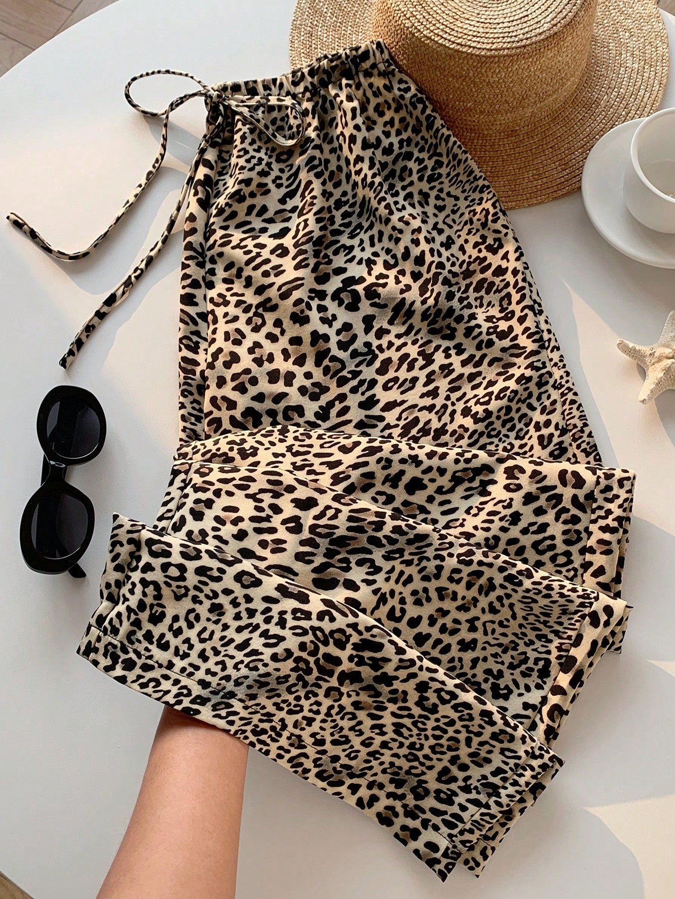 EZwear 2pcs Leopard Print Woven Wide Leg Pants With Drawstring, Women Spring/Summer