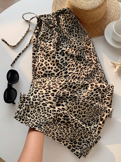 EZwear 2pcs Leopard Print Woven Wide Leg Pants With Drawstring, Women Spring/Summer