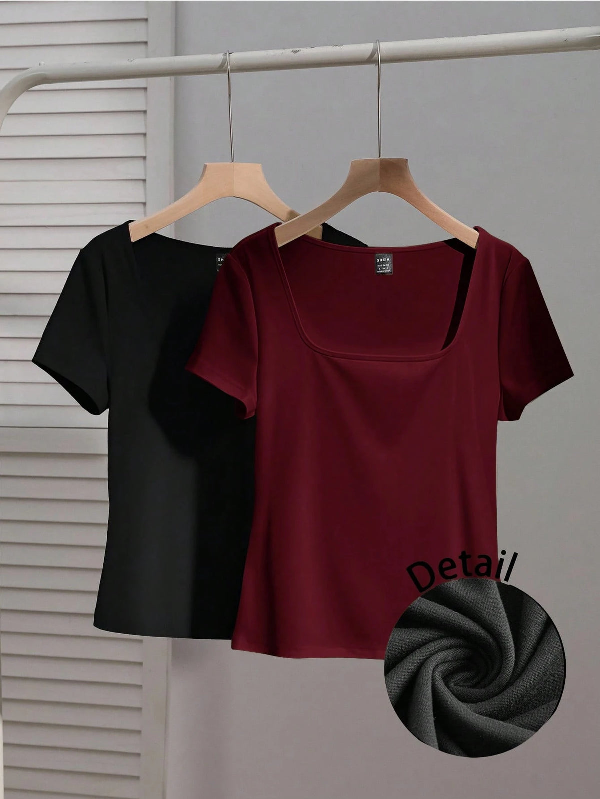 EZwear 2pcs/Set Women's Square Neck Short Sleeve Casual Fitted T-Shirts, Suitable For Autumn/Winter Streetwear,Summer Top Home Burgundy Black